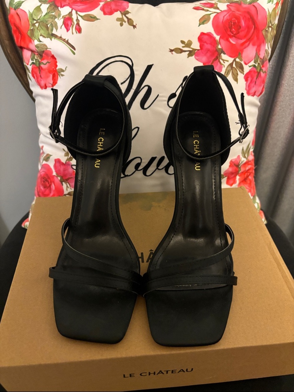 le chateau Black Square-Toe Strappy Ankle Heels with Slim Heel